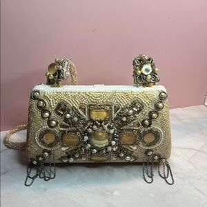 Mary Frances Beaded Evening Purse  in Cream and Gold Needs repair